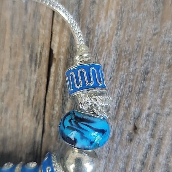 Blue beaded enamel and crystal charm bracelet  8" length - Picture 3 of 6
